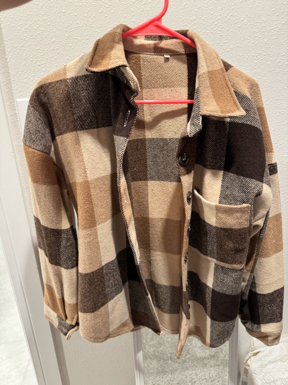 Cozy Plaid Button-Up Shacket in Cream & Brown Tones